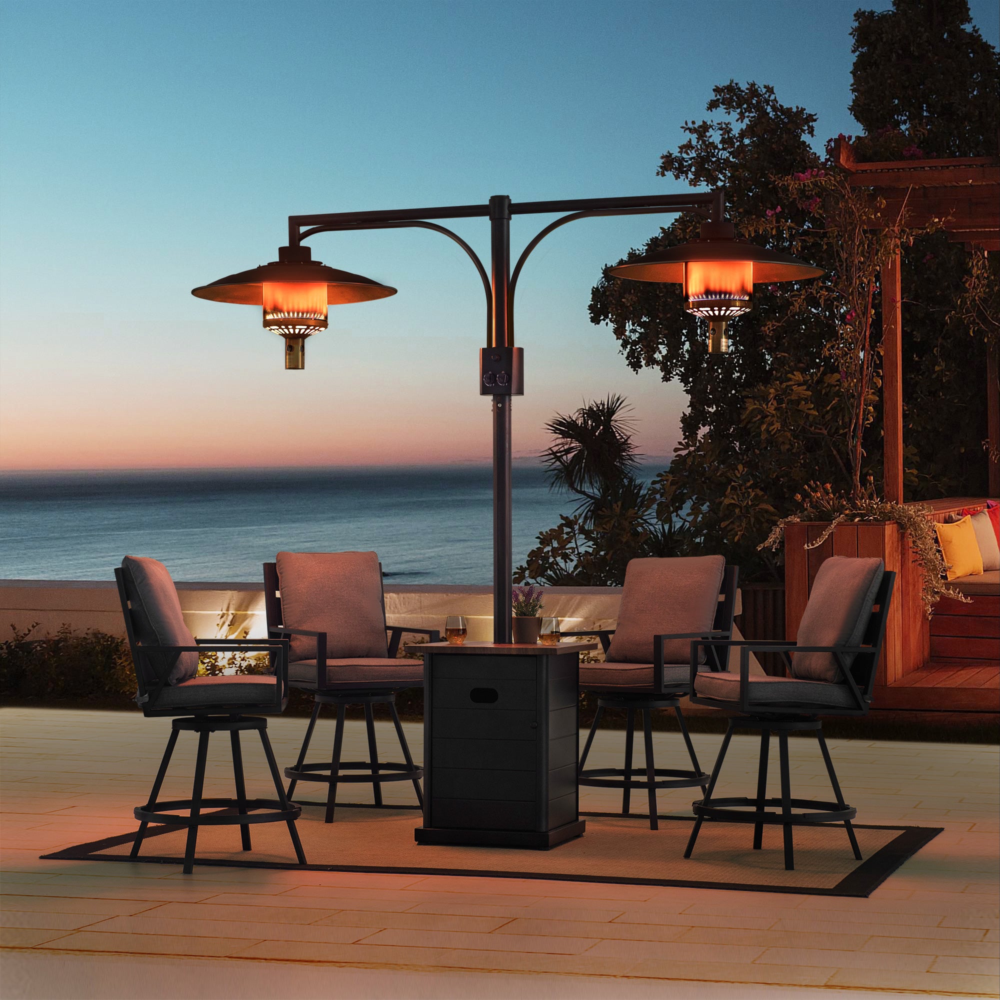 Sunjoy Outdoor Patio 64,000 BTU Black Steel Propane Gas Dual Heater with Table Top for Commercial & Residential Use.