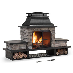 Sunjoy Outdoor 48 in. Steel Wood Burning Stone Fireplace with Fire Poker and Removable Grate.
