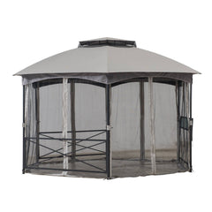 Sunjoy 14.7 ft. x 14.7 ft. 2-tone Gray Hexagon Steel Gazebo with 2-tier Dome Roof  and Netting and Corner Fence Structures.