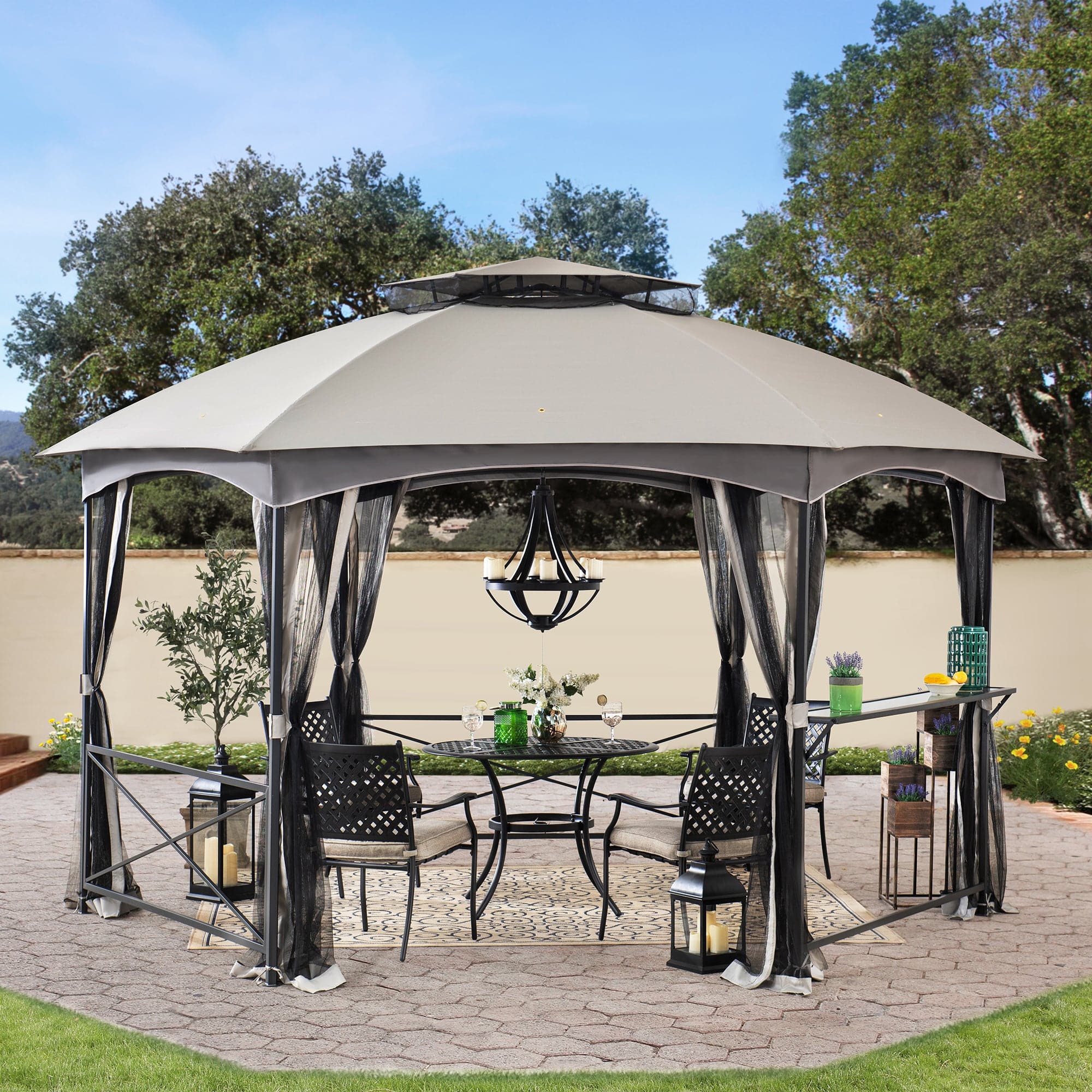 SUNJOY 15x15 Hexagon Soft Top Gazebo with Netting and Bar Shelf.