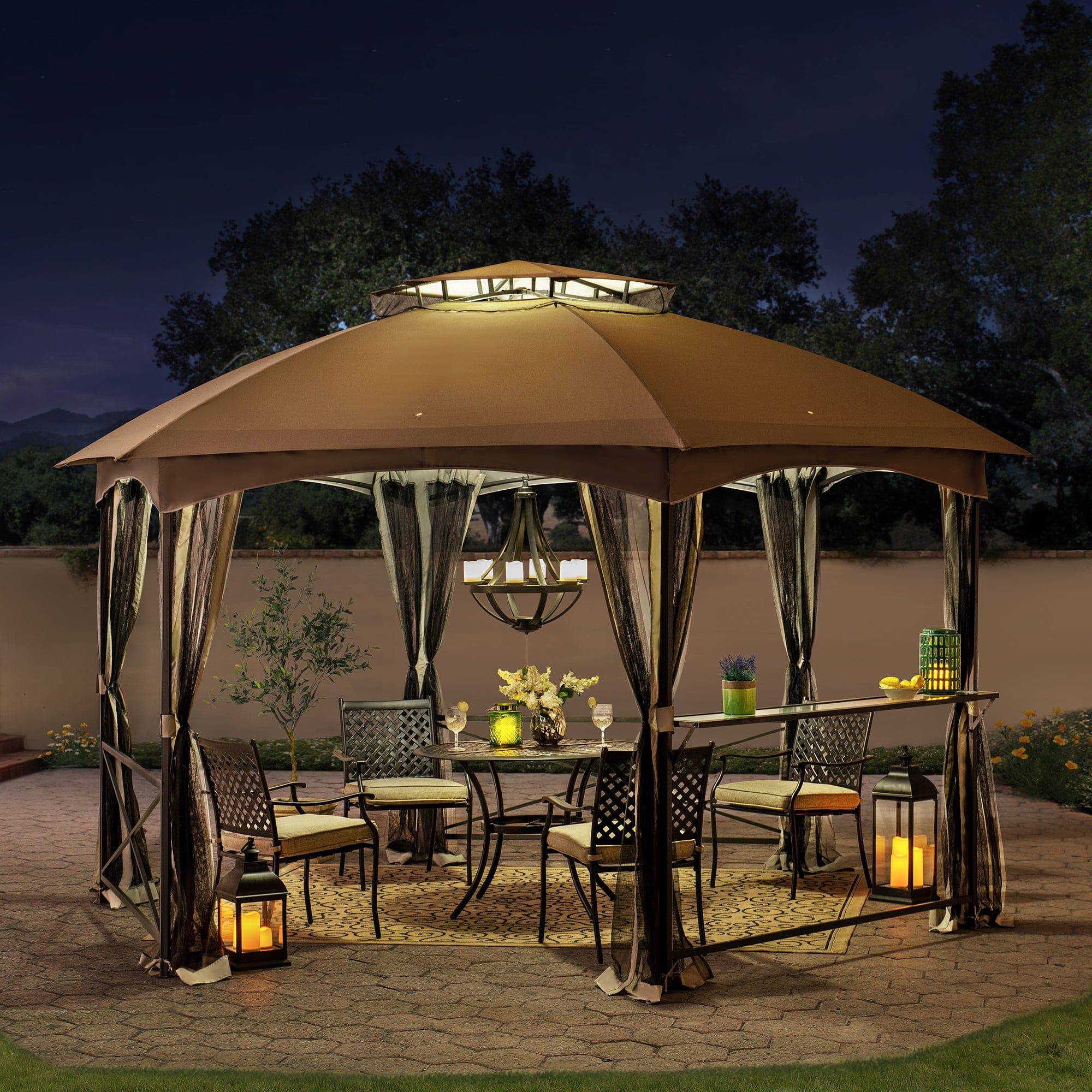 SUNJOY 15x15 Hexagon Soft Top Gazebo with Netting and Bar Shelf.