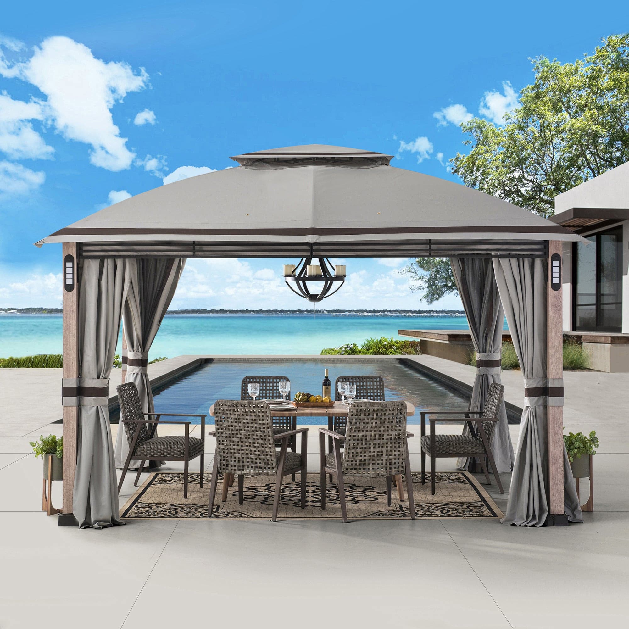 SUNJOY 11x13 Backyard Gazebo with LED Light, Bluetooth Speaker and Hook.