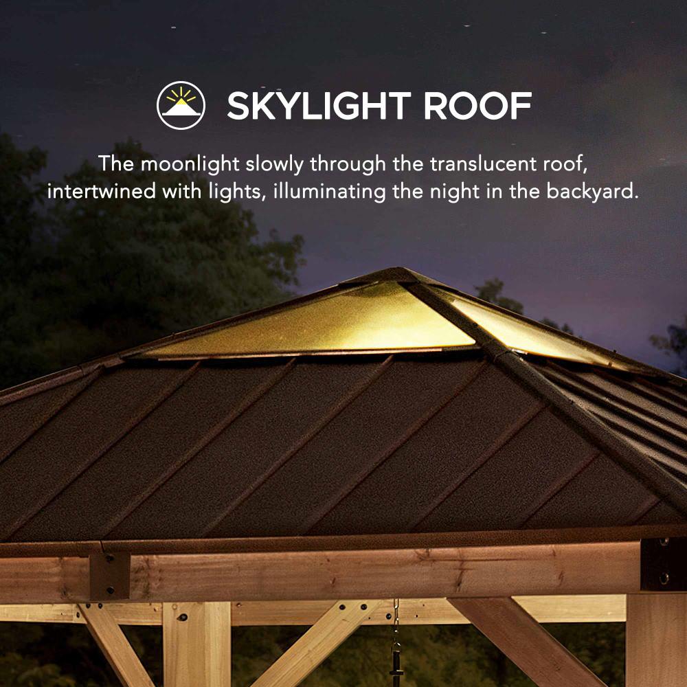 SUNJOY 11x11 Small Outdoor Wooden Gazebo with Metal Roof and Skylight 