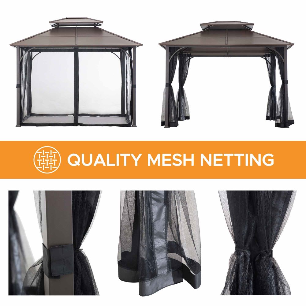 SUNJOY 10x12 Metal Hardtop Gazebo with Netting and Ceiling Hook.