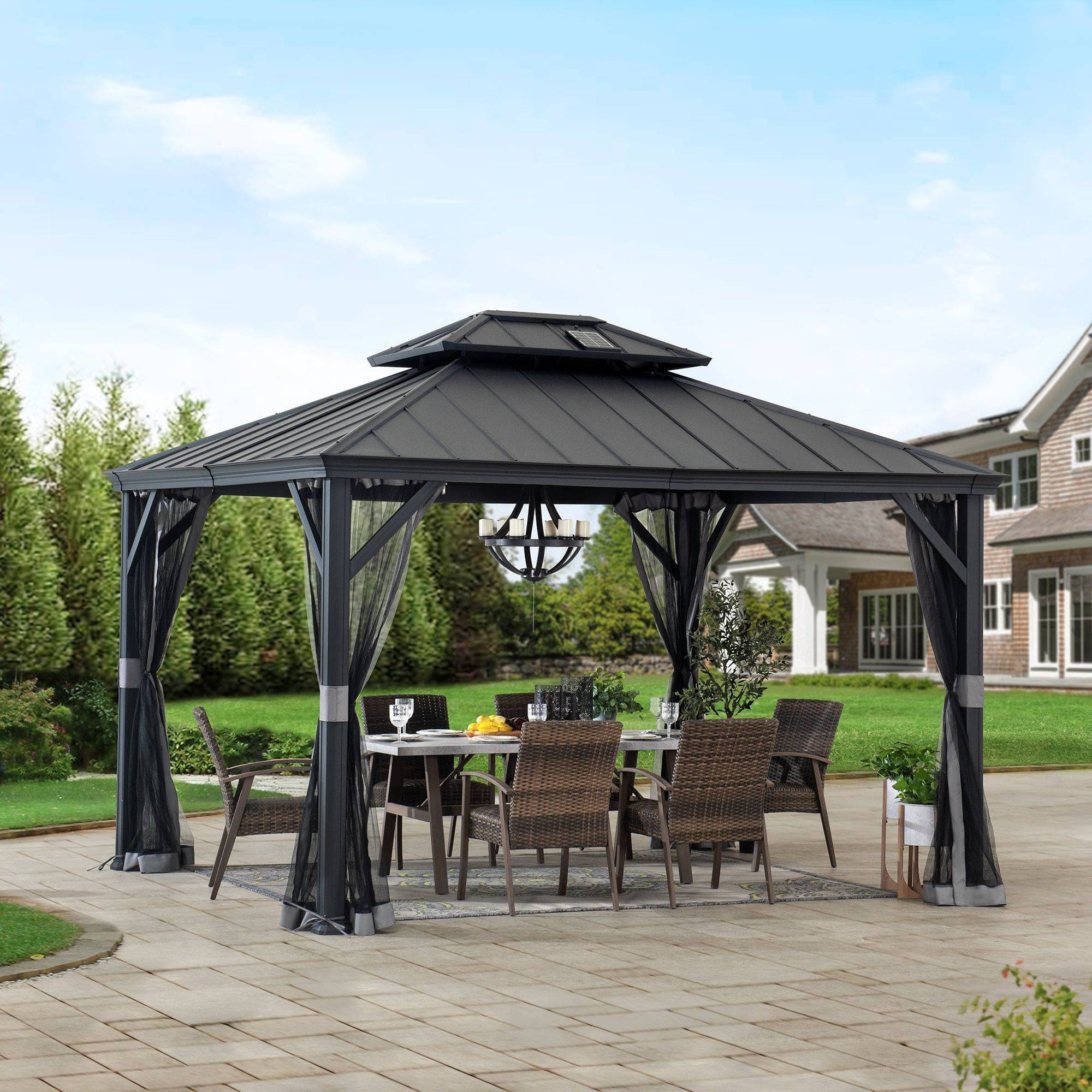 SUNJOY 10x12 Gazebo with Mosquito Netting and Solar Panel.