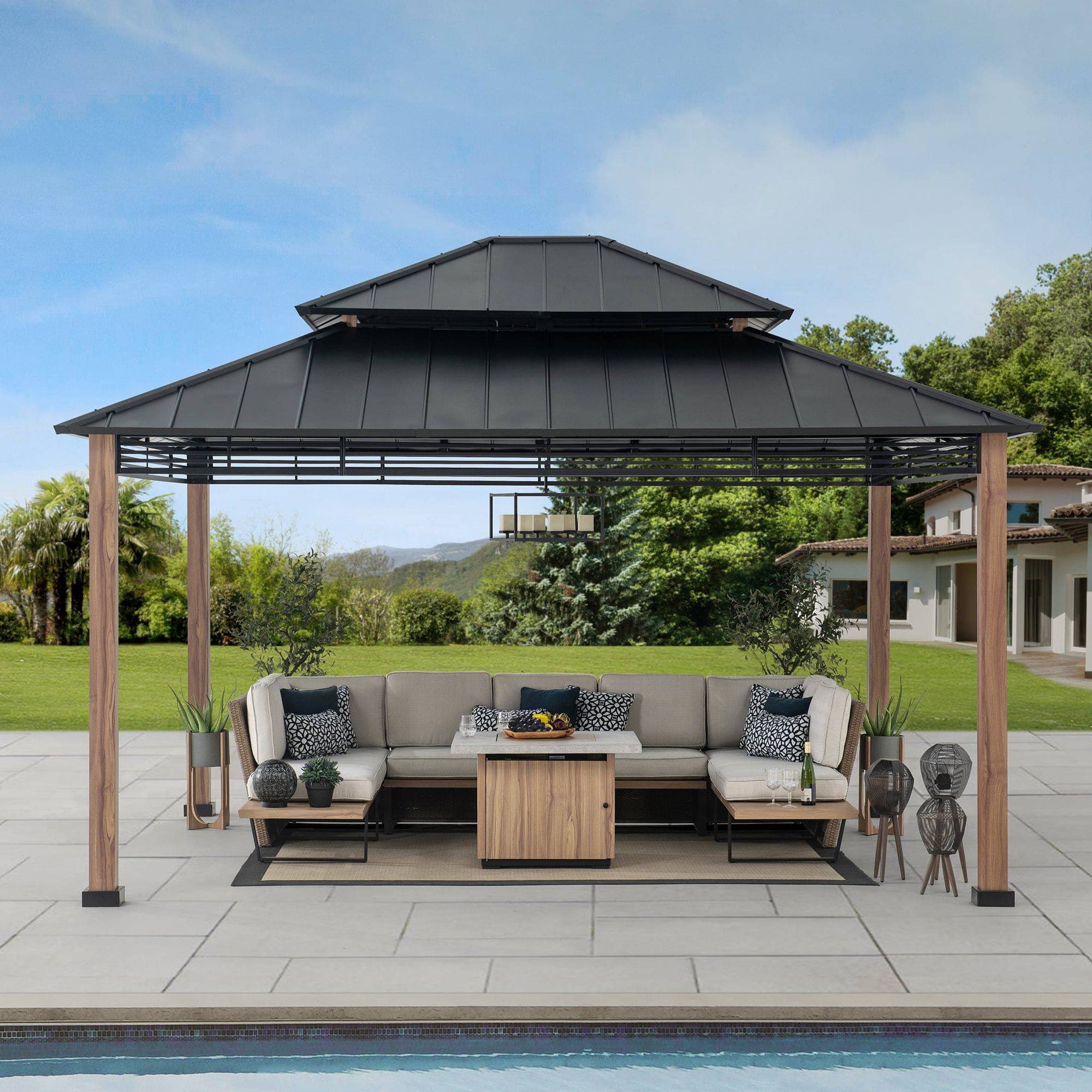 SUNJOY 13x15 Large Modern Gazebo with Metal Wood Look Posts.
