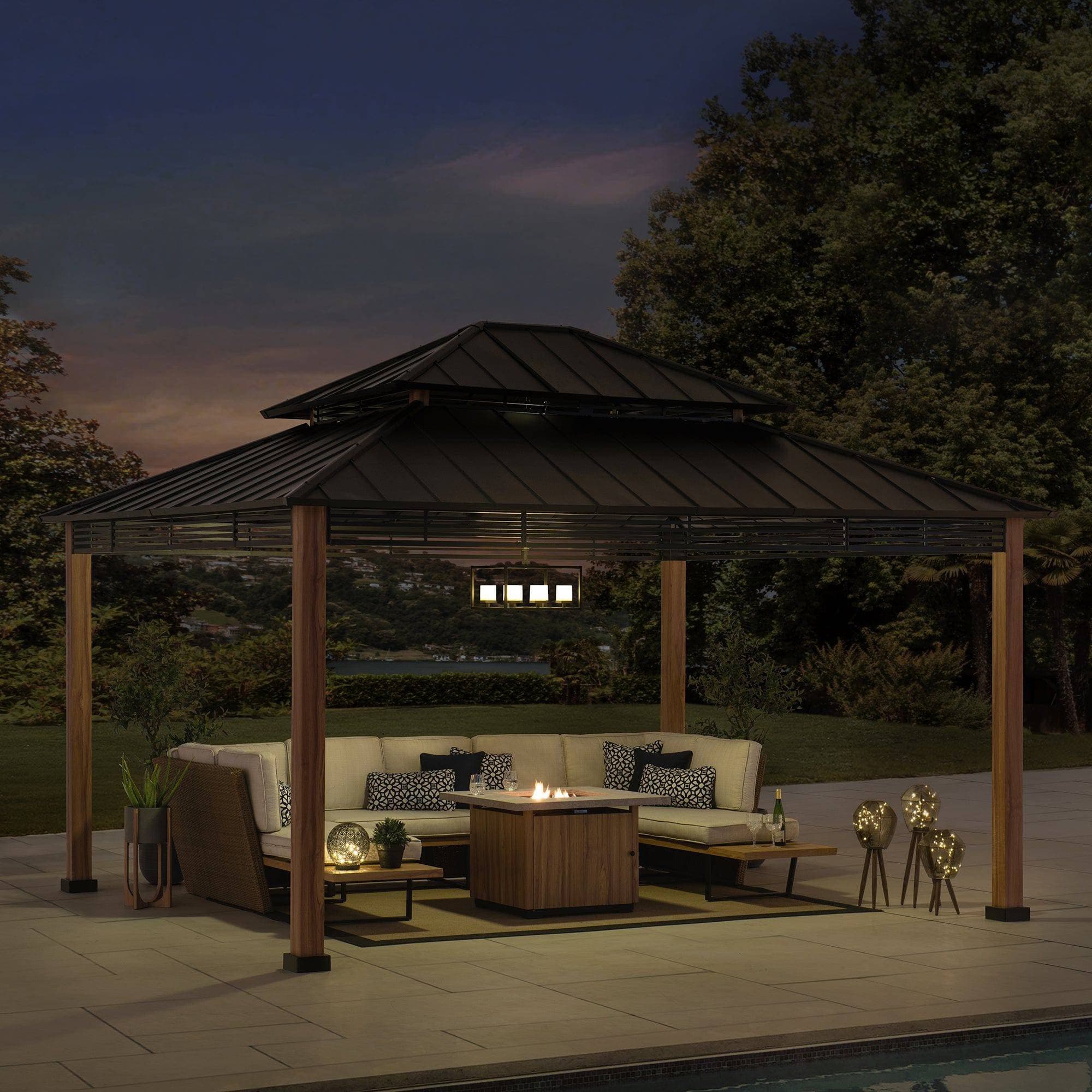 SUNJOY 13x15 Large Modern Gazebo with Metal Wood Look Posts.