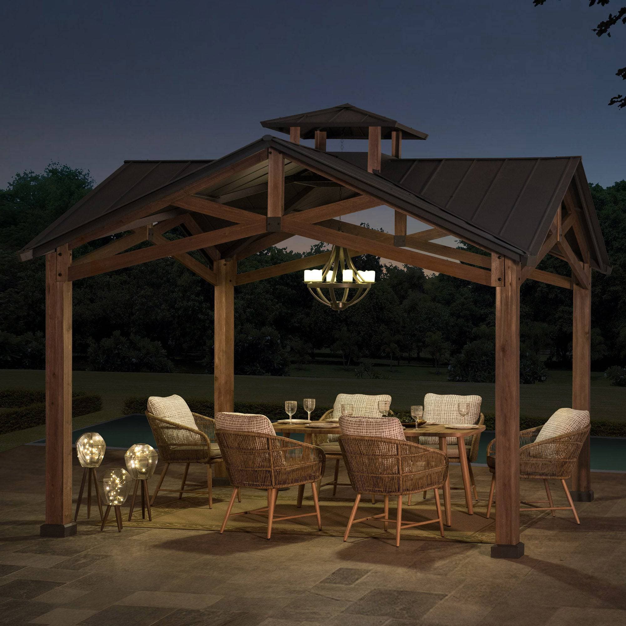 SUNJOY 12.5x12.5 Wooden Frame Hardtop Gazebo with Ceiling Hook.