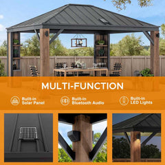 SUNJOY 12x14 Gazebo with Wood Shelves, Solar Speaker, and LED Lights.