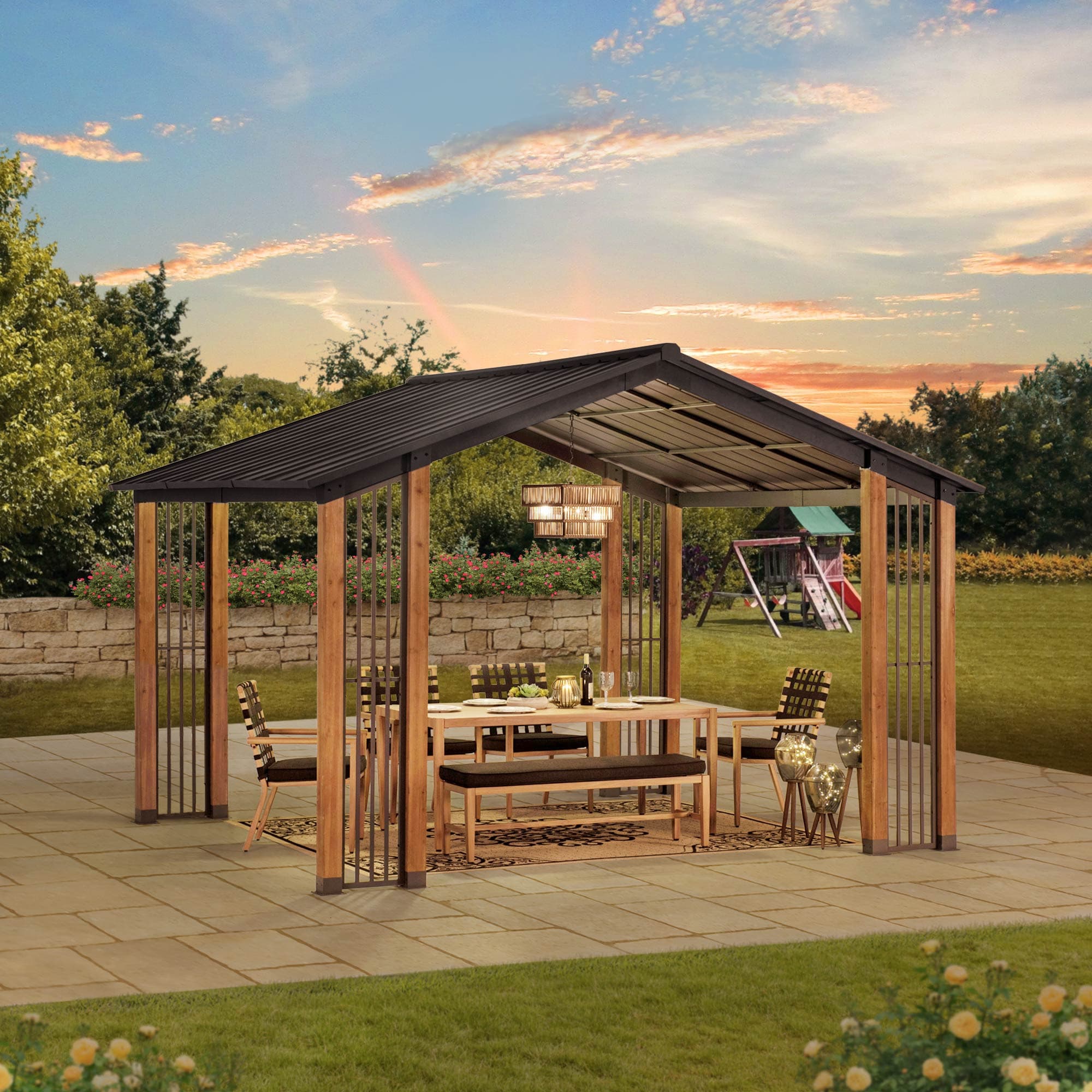 SUNJOY 11x13 Slanted Roof Cedar Gazebo with Ceiling Hook.