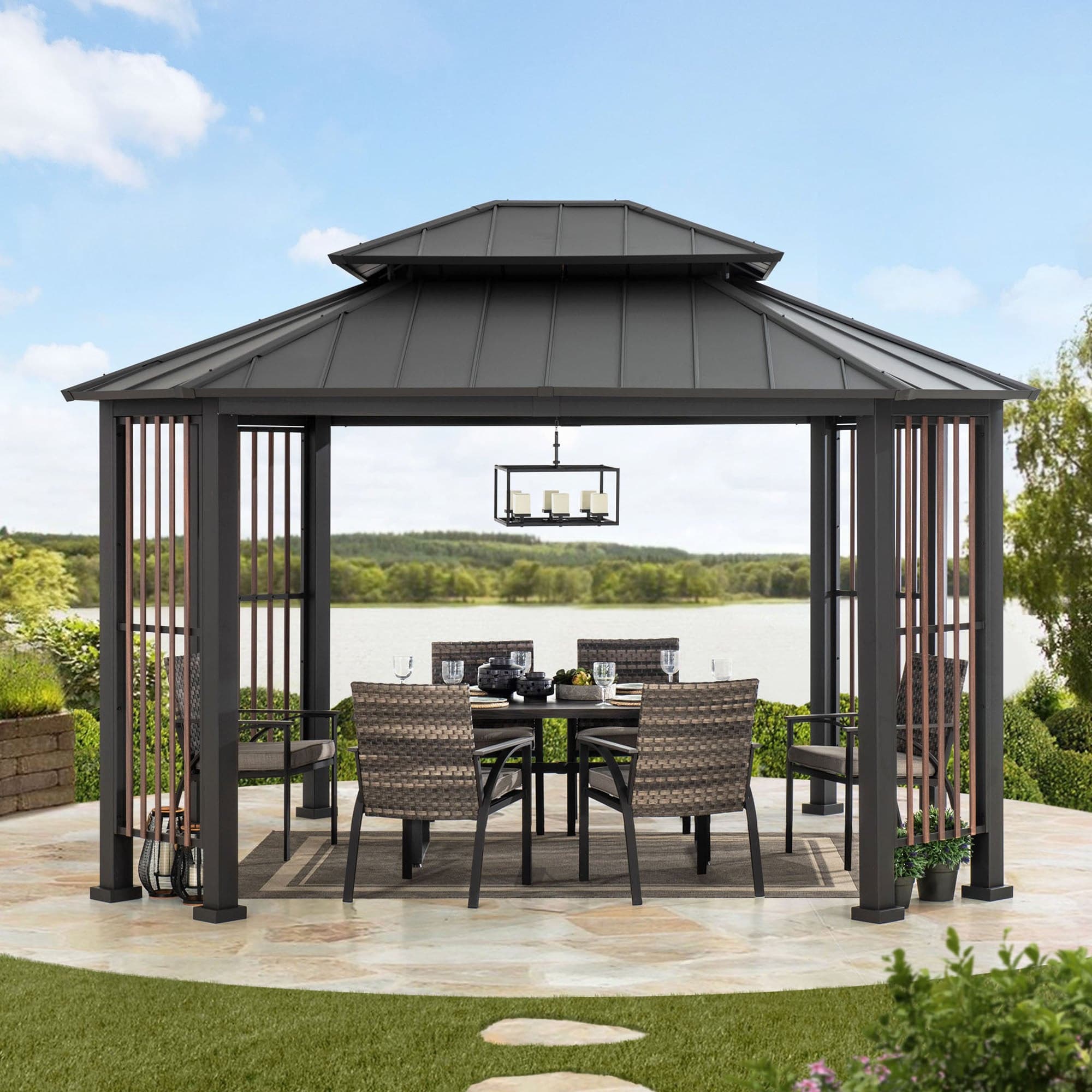 SUNJOY 11x13 Octagon Gazebo with Steel Roof and Ceiling Hook.