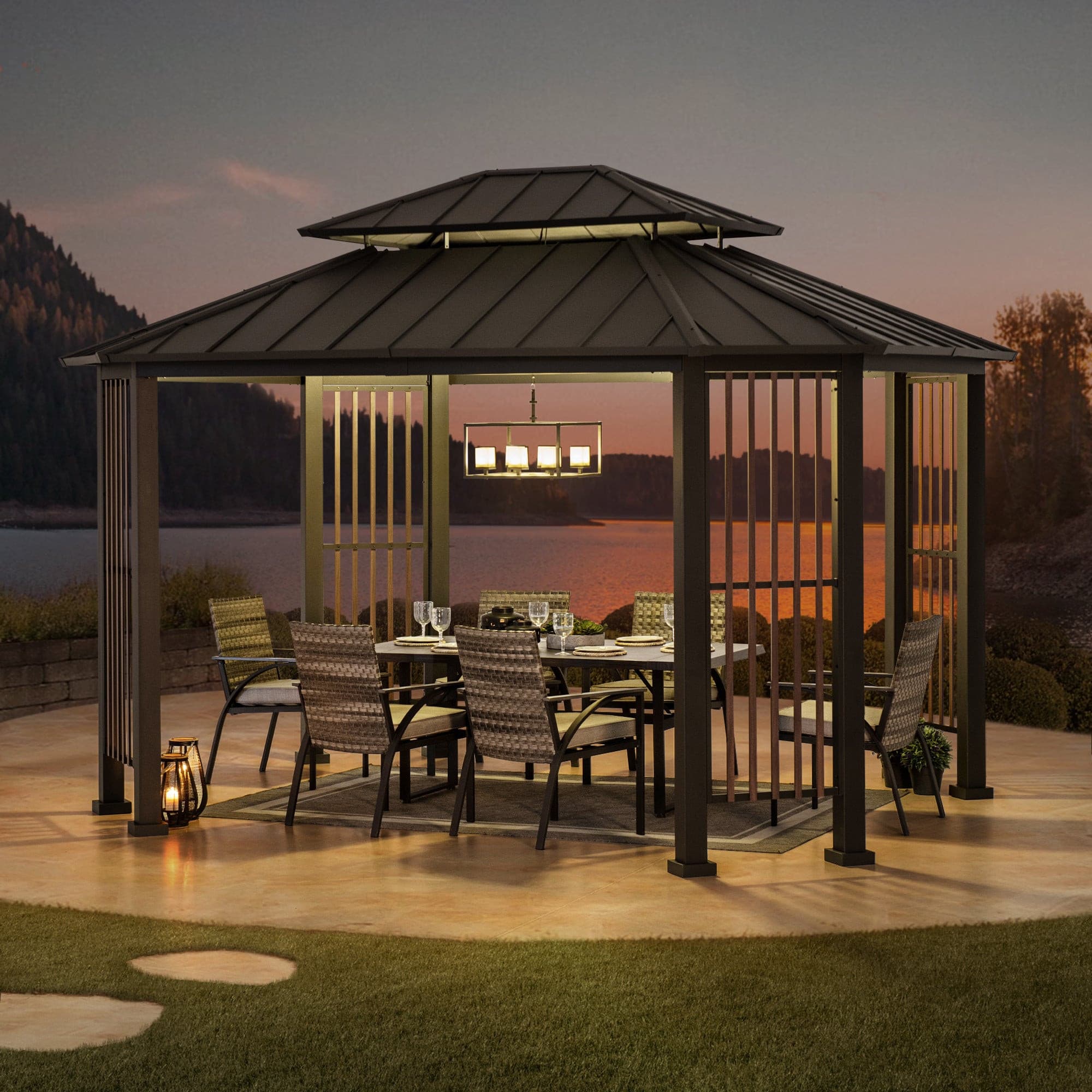 SUNJOY 11x13 Octagon Gazebo with Steel Roof and Ceiling Hook.