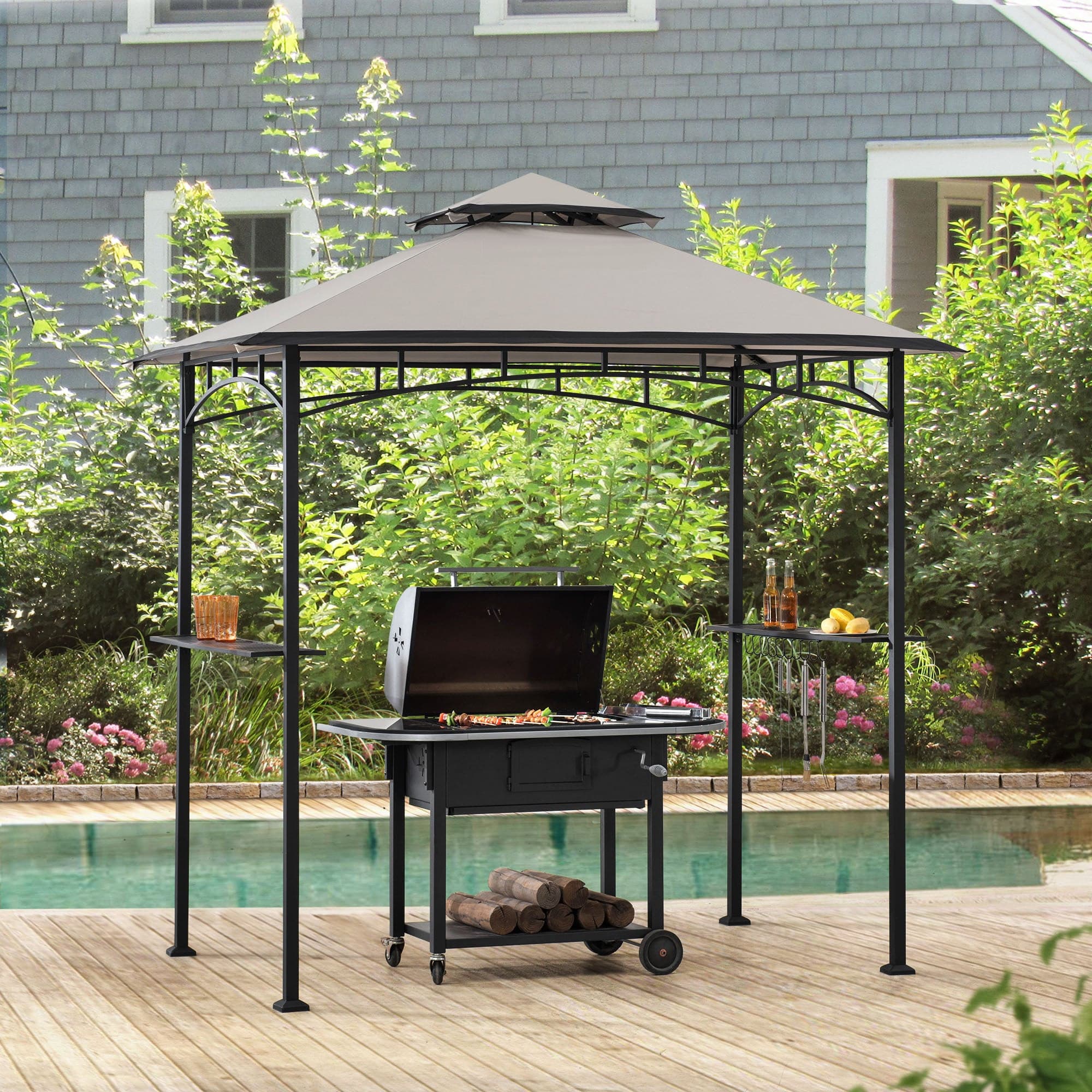 SUNJOY 5x8 BBQ Grill Gazebo with Bar Shelves and Hooks.