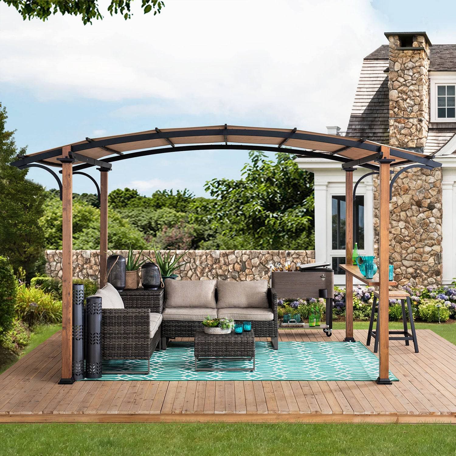 SUNJOY 9x13 Modern Tan Metal Arched Pergola Kit with Bar Shelf.