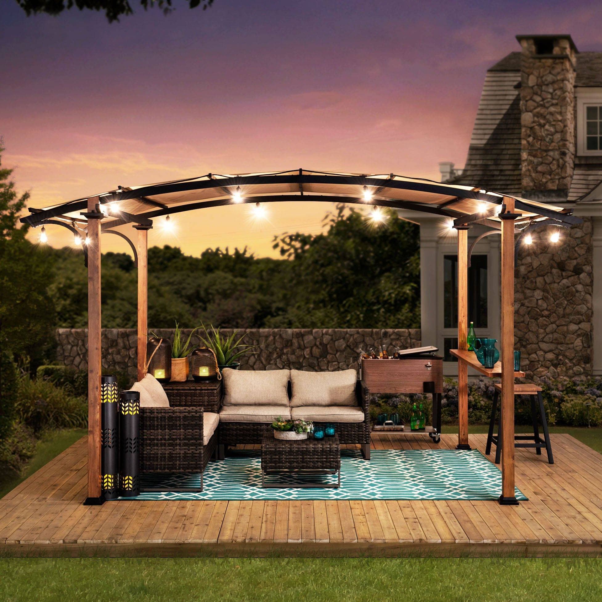 SUNJOY 9x13 Modern Tan Metal Arched Pergola Kit with Bar Shelf.