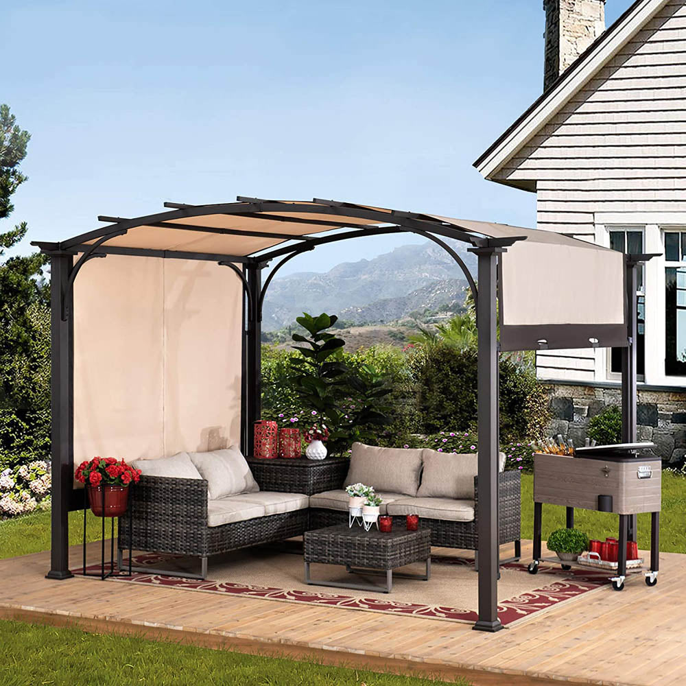 Sunjoy Outdoor Patio 9.5x11 Modern Tan Metal Arched Pergola Kit with ...