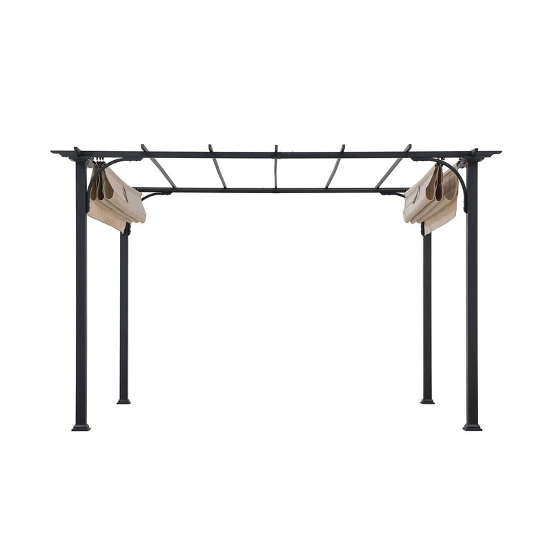 Sunjoy 12x9 Outdoor Patio Black Steel Frame Pergola with Retractable Beige Canopy Shade