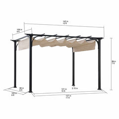 Sunjoy 12x9 Outdoor Patio Black Steel Frame Pergola with Retractable Beige Canopy Shade.