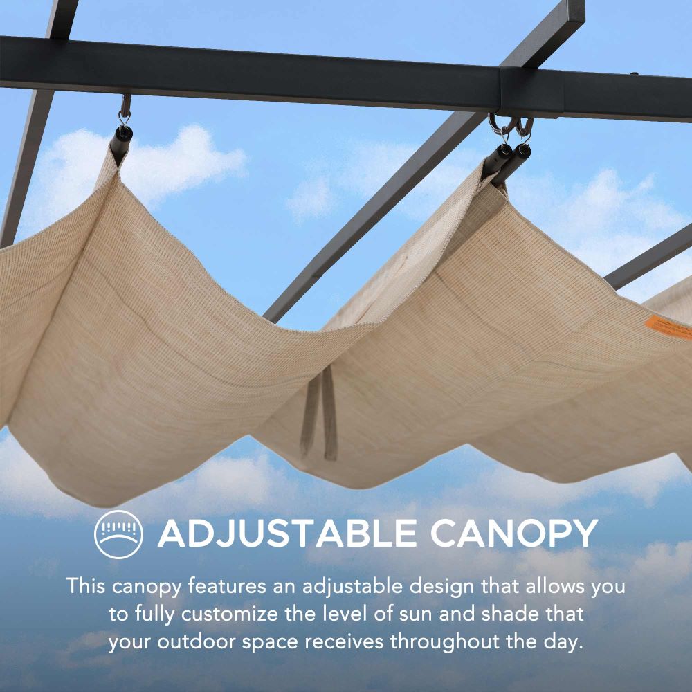 SUNJOY 9x12 Steel Retractable Pergola with Beige Roof for Backyard.