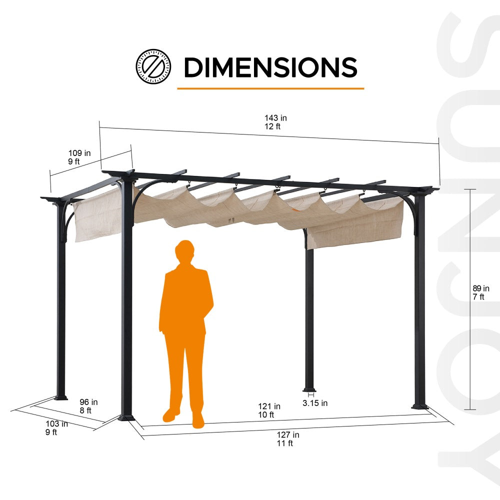 SUNJOY 9x12 Steel Retractable Pergola with Beige Roof for Backyard.