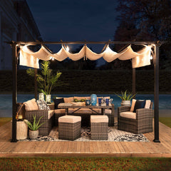 Sunjoy 12x9 Outdoor Patio Black Steel Frame Pergola with Retractable Beige Canopy Shade.