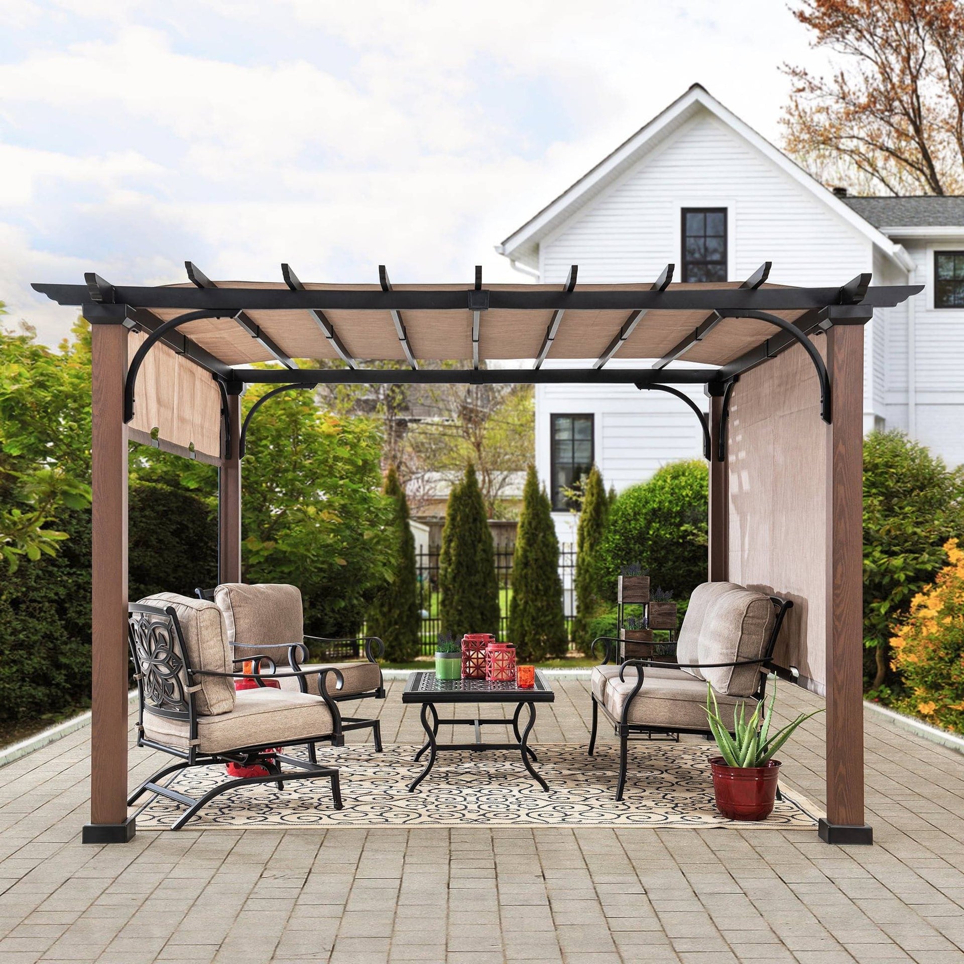 11x11 Metal Pergola Sliding Canopy & Wood Look Finish