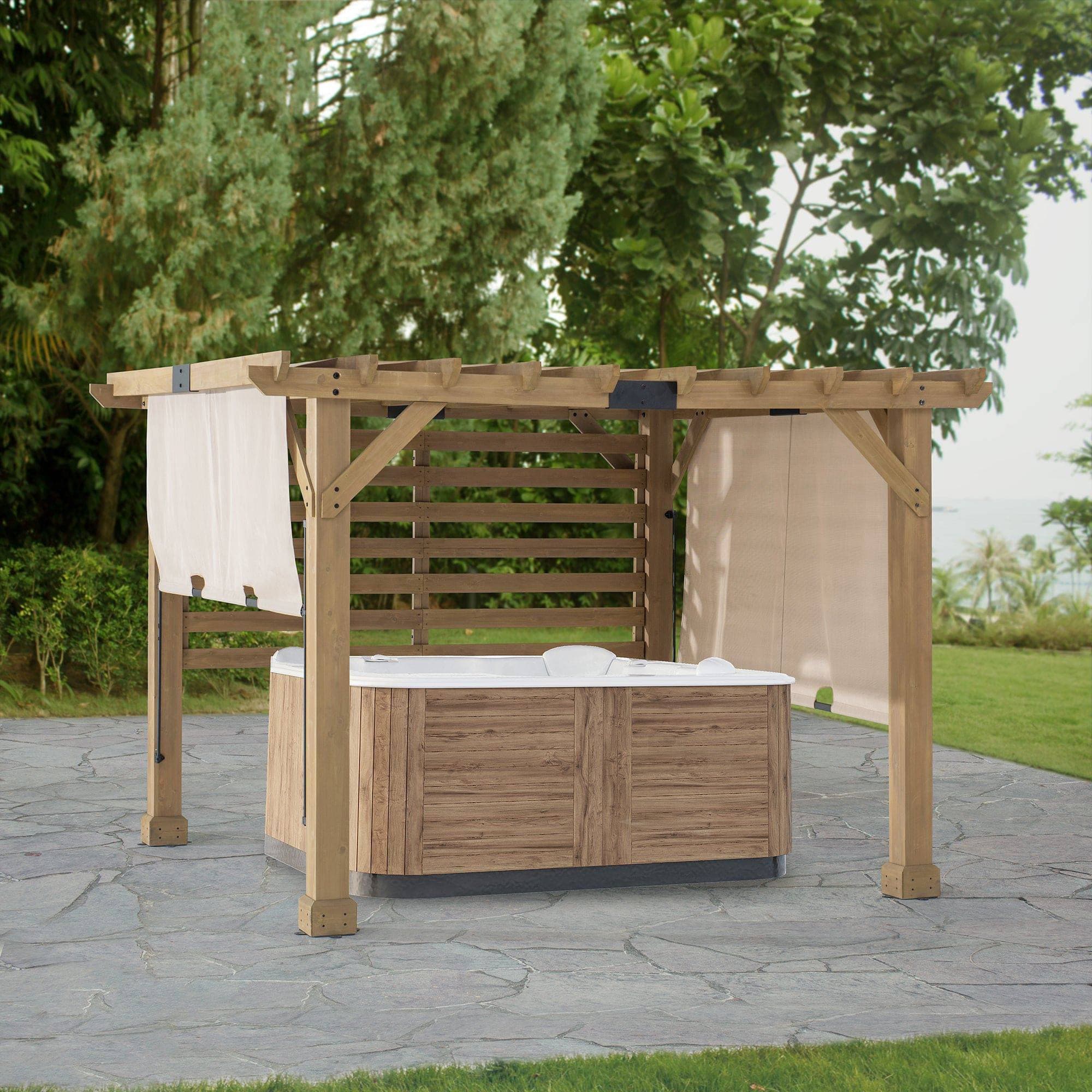 SUNJOY 10x11 Outdoor Wooden Hot Tub Pergola with Adjustable Canopy.