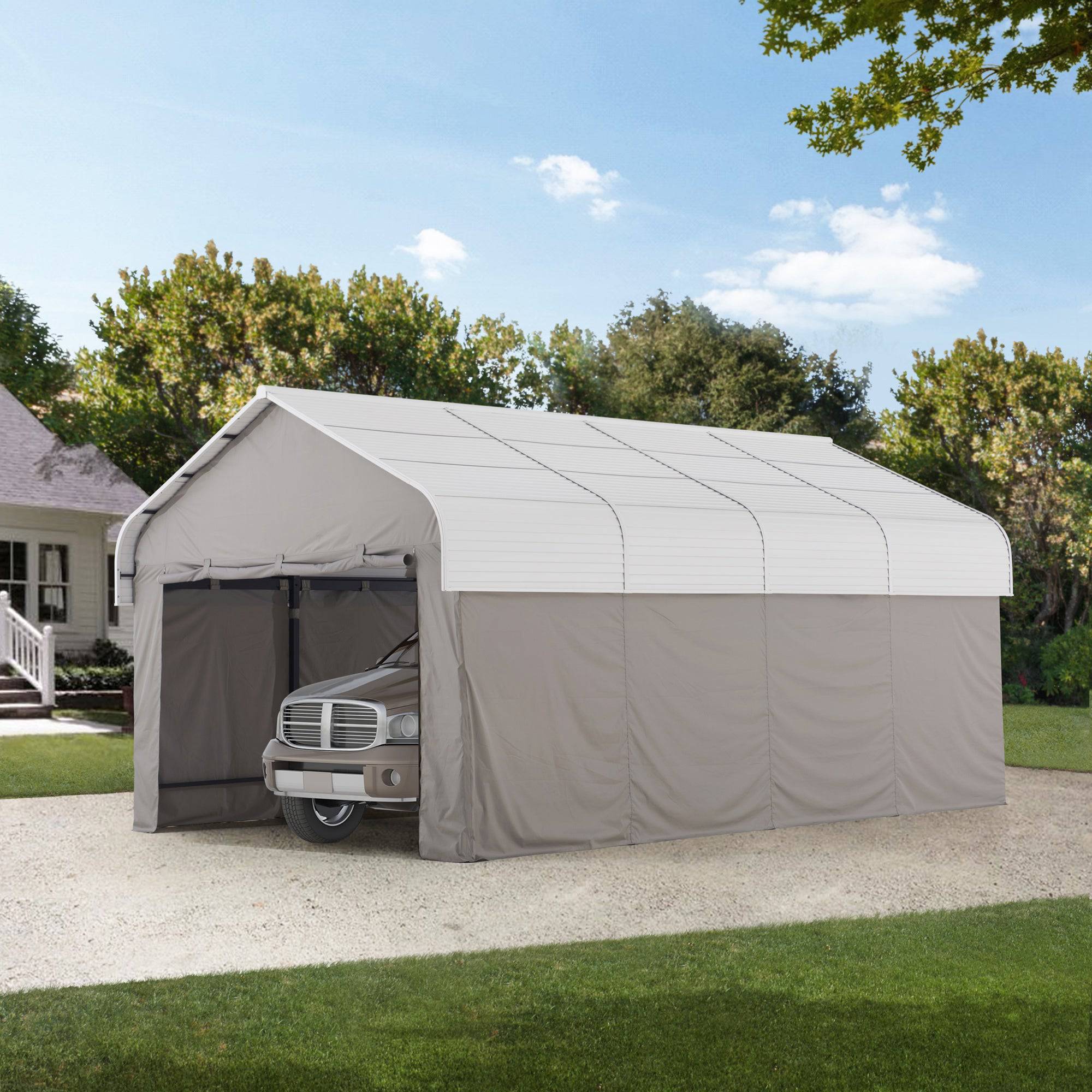 SUNJOY 12x20 Enclosed Carport Kit Metal Roof Gazebo with Fabric Cover.