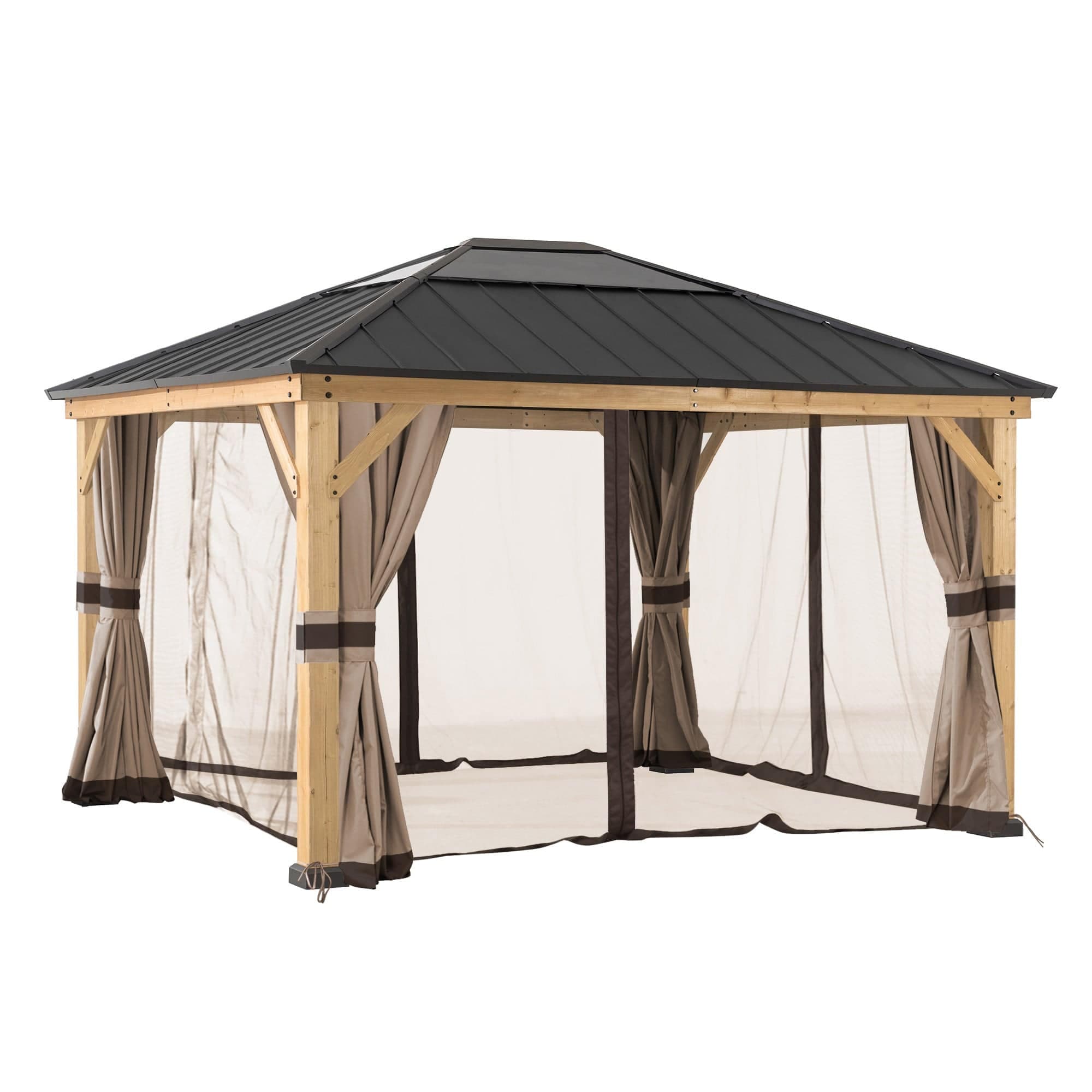 SUNJOY Replacement Curtains and Mosquito Netting for 13 ft. × 15 ft. Wood-Framed Gazebos.