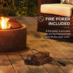 SUNJOY 26 Inch Small Outdoor Stone Firepit with Spark Screen and Poker.