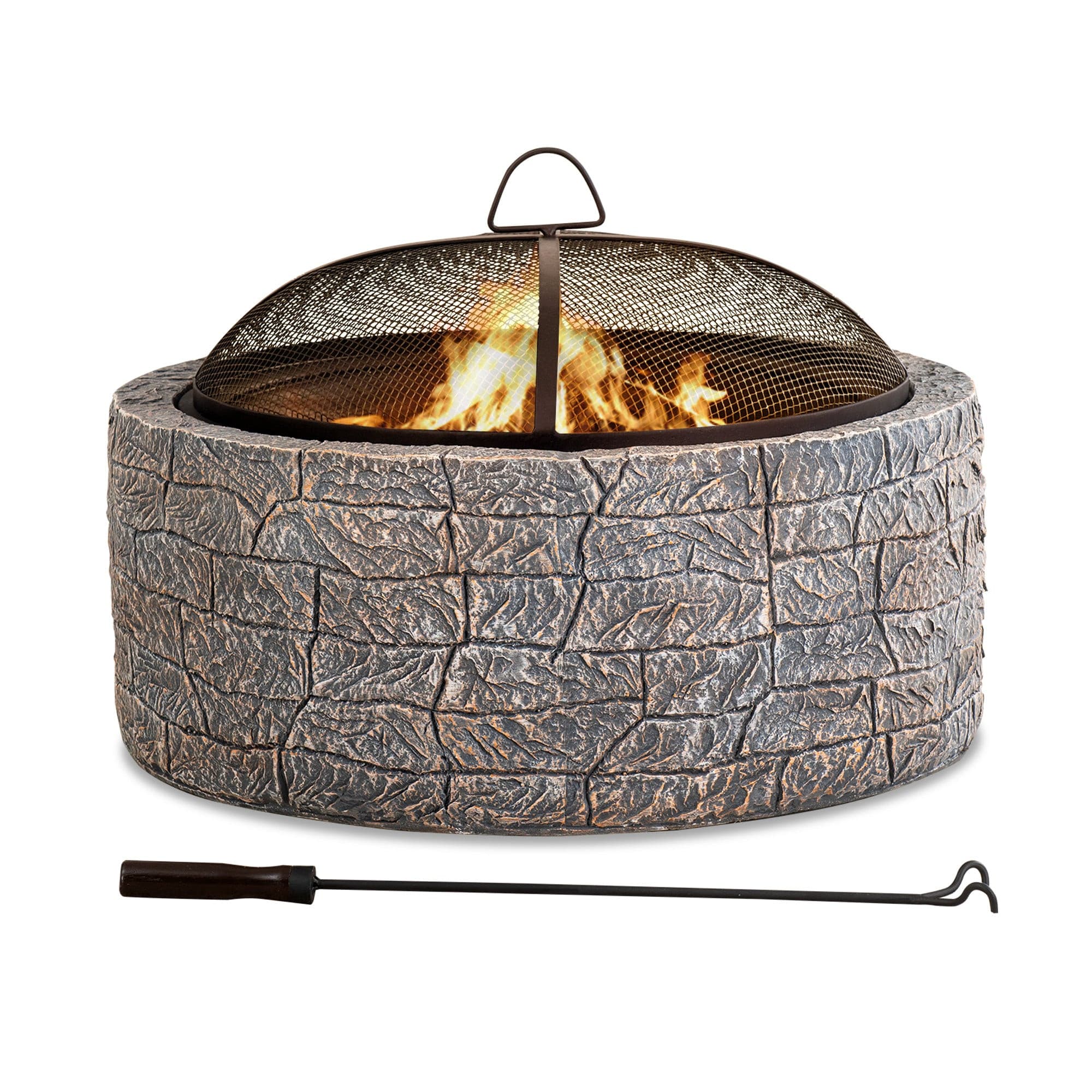 SUNJOY 26 Inch Small Outdoor Stone Firepit with Spark Screen and Poker.