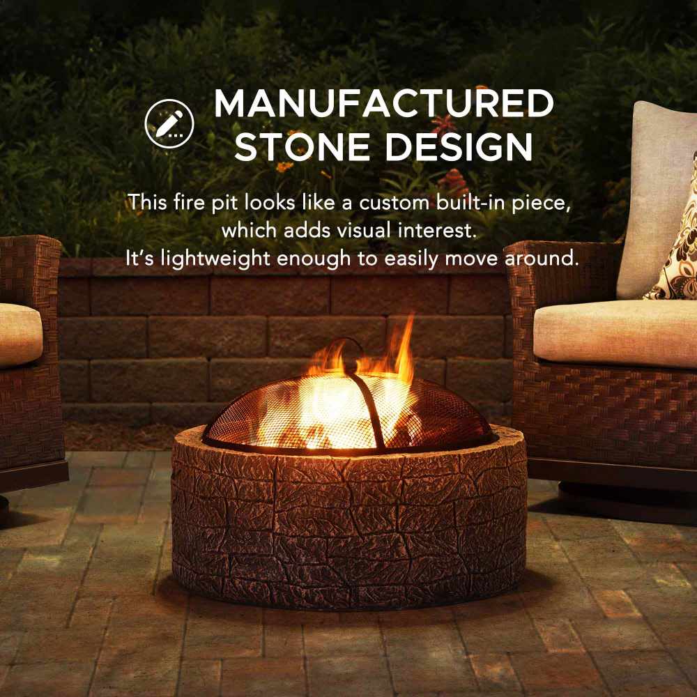 SUNJOY 26 Inch Small Outdoor Stone Firepit with Spark Screen and Poker.