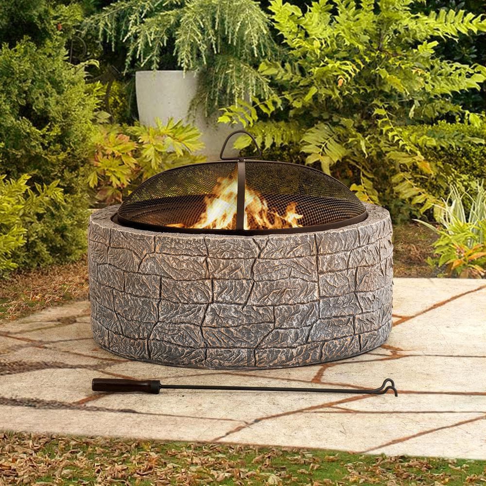 SUNJOY 26 Inch Small Outdoor Stone Firepit with Spark Screen and Poker.