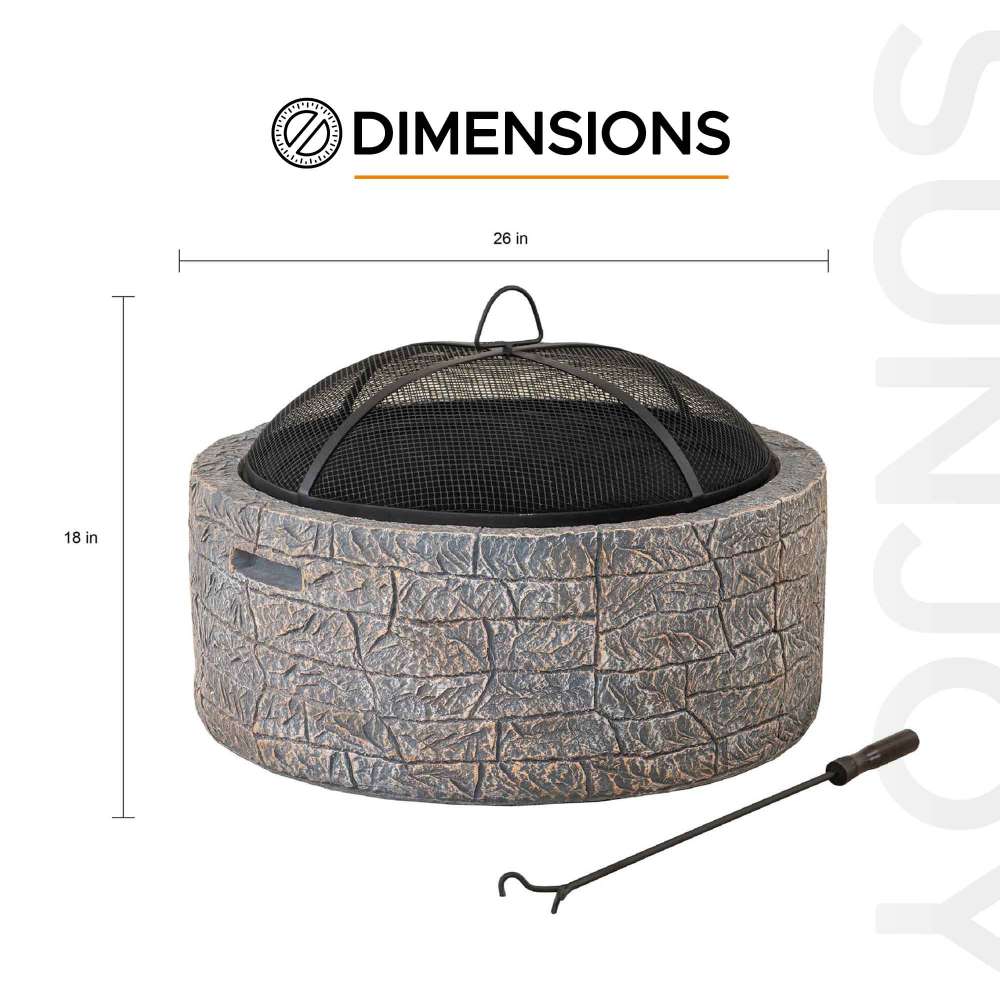 SUNJOY 26 Inch Small Outdoor Stone Firepit with Spark Screen and Poker.