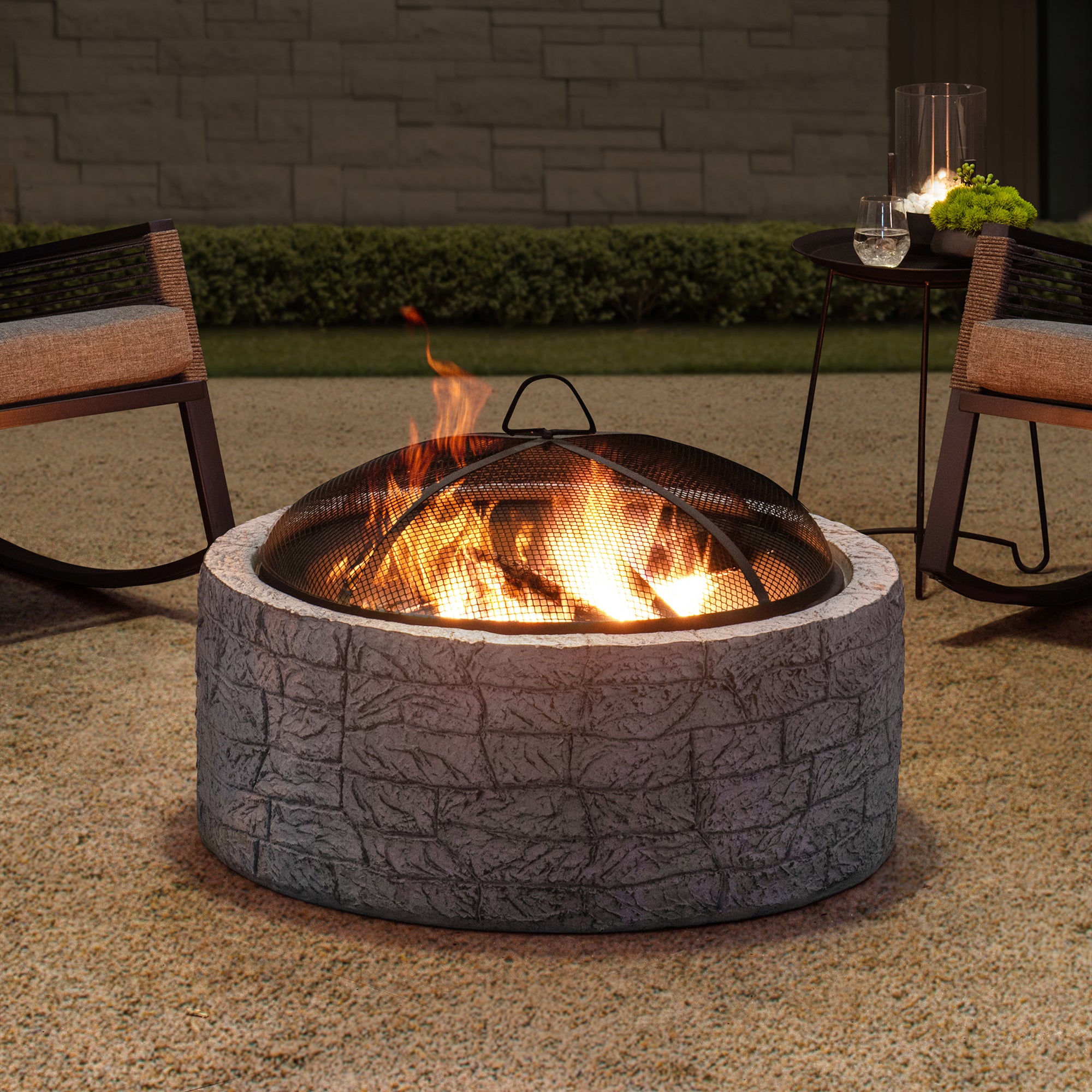 SUNJOY 26 Inch Small Outdoor Stone Firepit with Spark Screen and Poker.