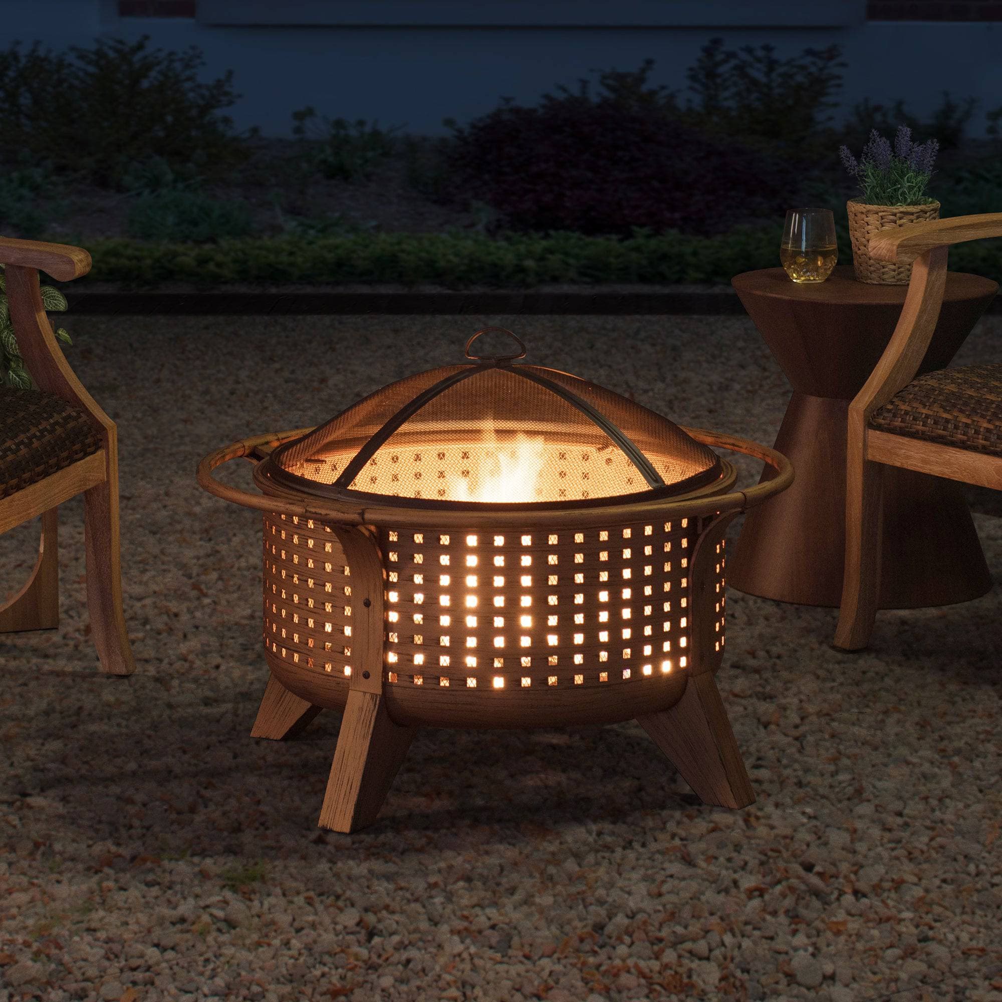 SUNJOY 30 Inch Copper Steel Holiday Fire Pit with Spark Screen & Poker.