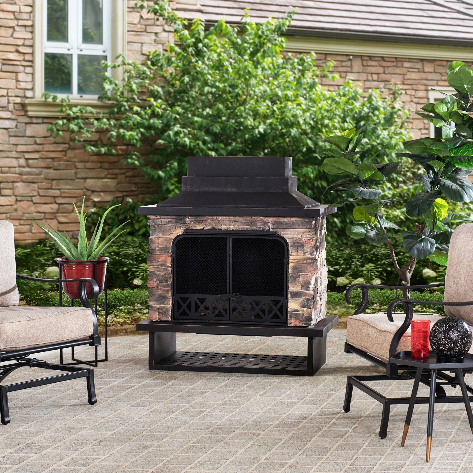 SUNJOY 48 Inch Outdoor Stone Fireplace Kit with Chimney and Doors.