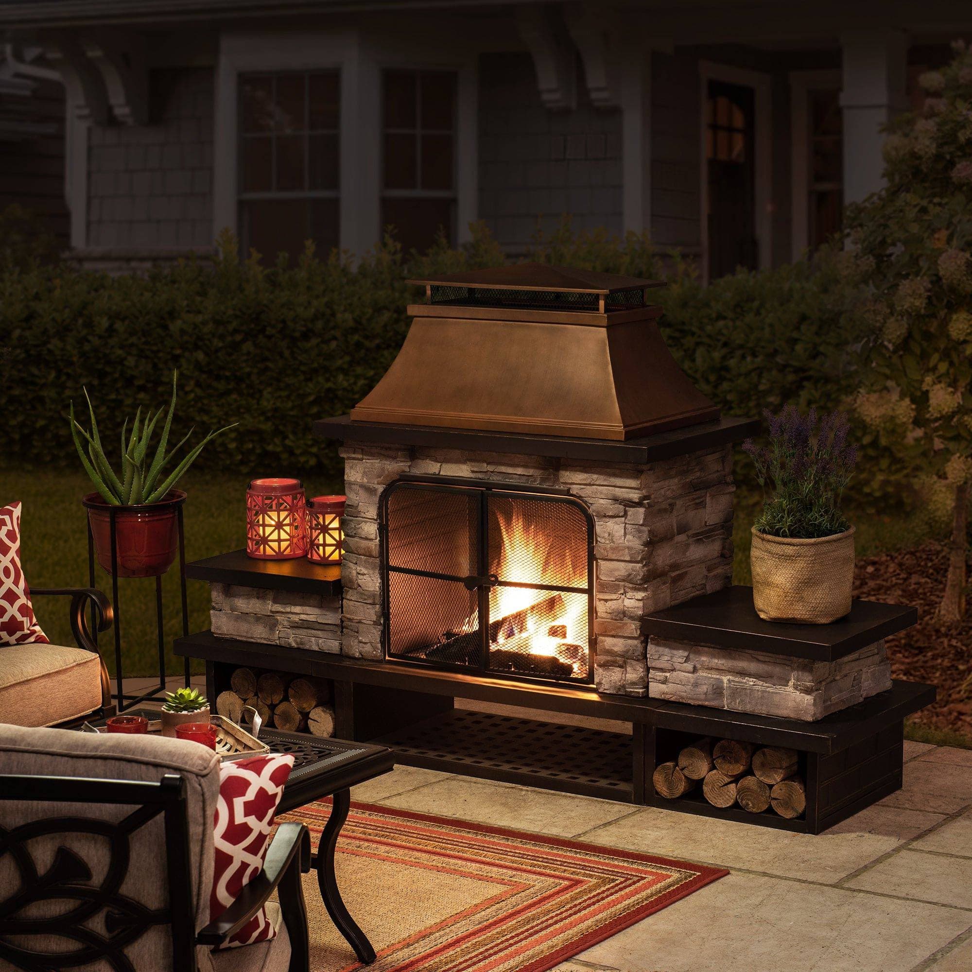 SUNJOY 48 Inch Wood Burning Stone Fireplace with Log Holders.