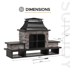 Sunjoy Outdoor Stone Fireplace with Mesh Screen Doors, Fireplace Tools.