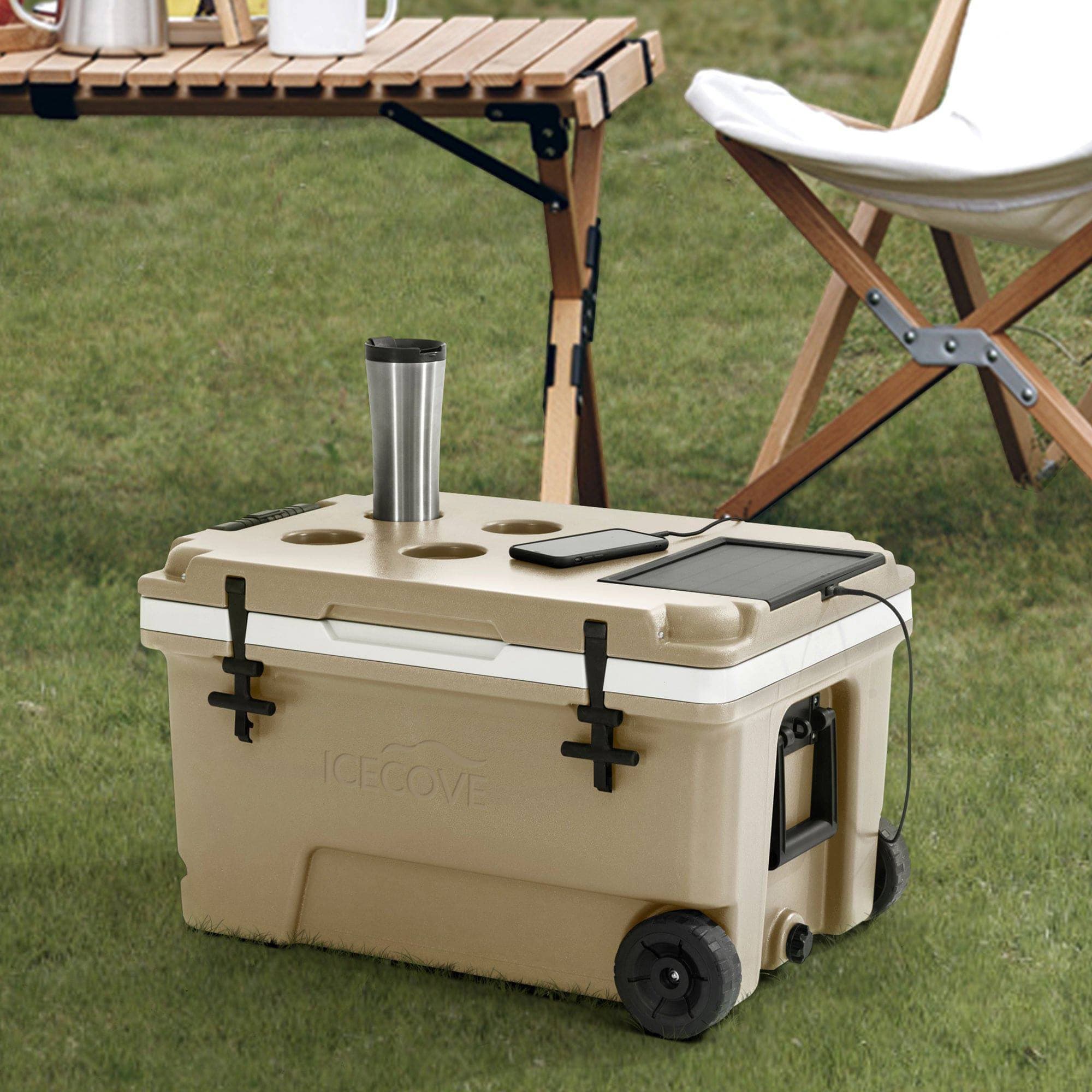 SUNJOY 60-quart Insulated Beach Ice Chest Cooler with Solar Panel, Wheels, and Handles.