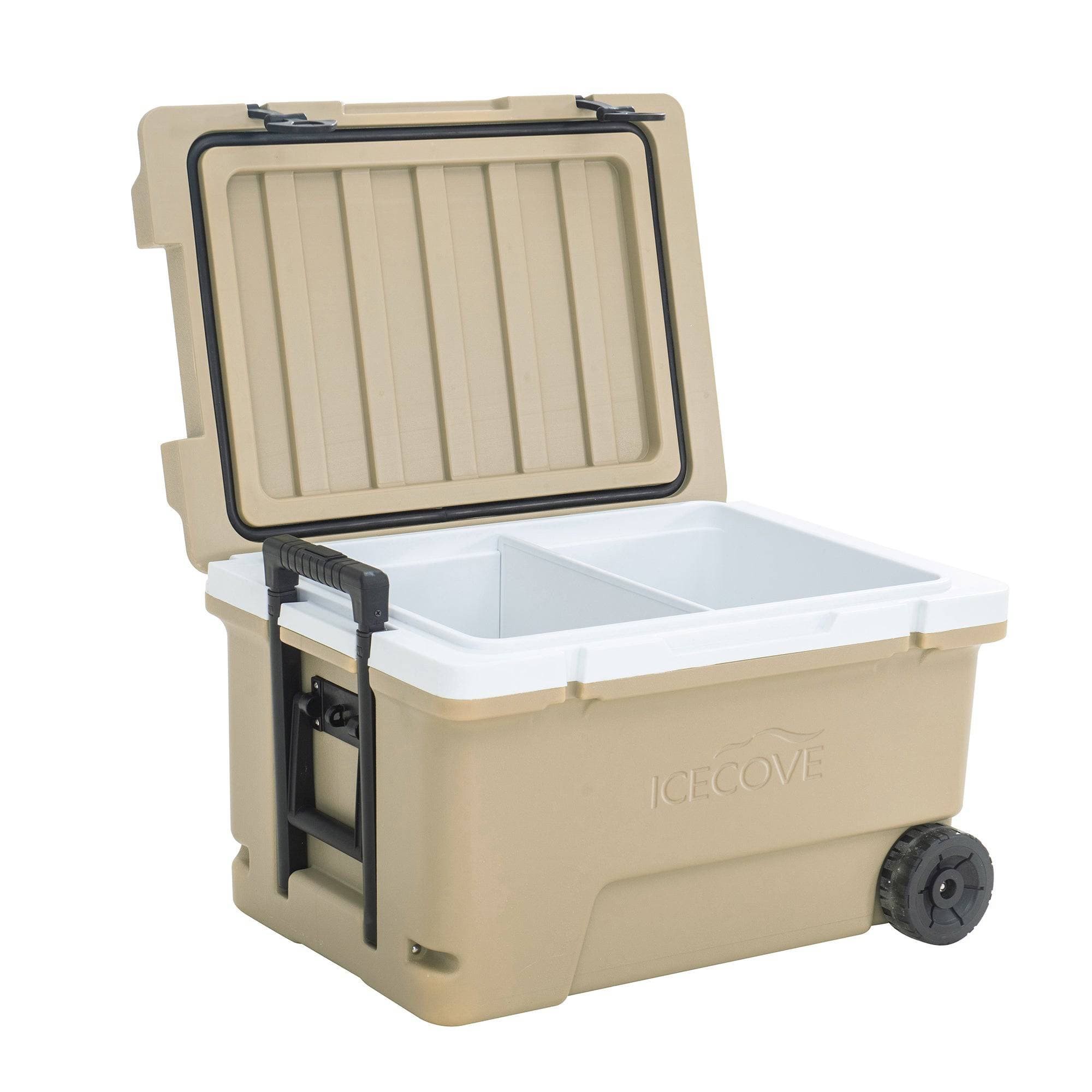 SUNJOY 60-quart Insulated Beach Ice Chest Cooler with Solar Panel, Wheels, and Handles.