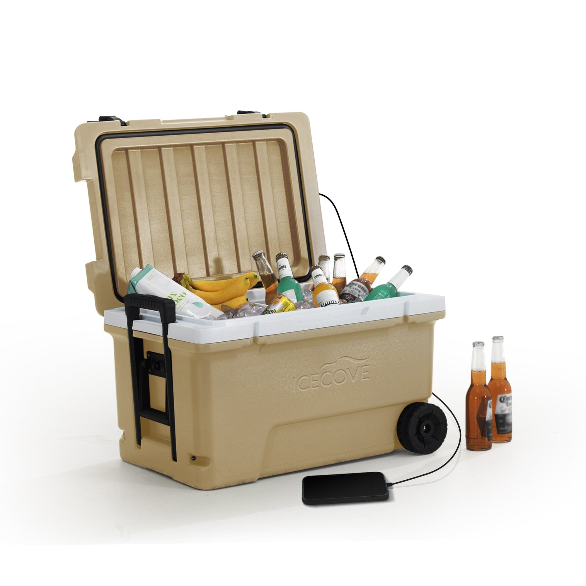 SUNJOY 60-quart Insulated Beach Ice Chest Cooler with Solar Panel, Wheels, and Handles.