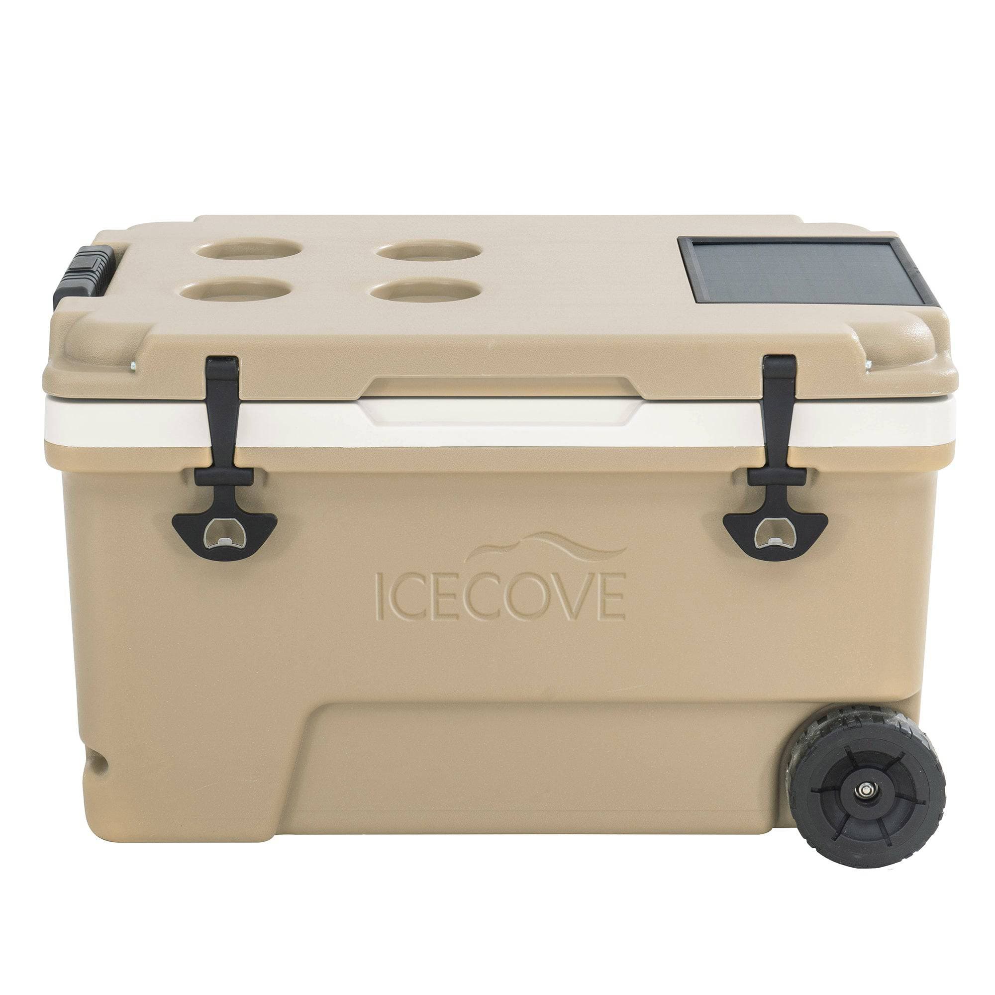 SUNJOY 60-quart Insulated Beach Ice Chest Cooler with Solar Panel, Wheels, and Handles.