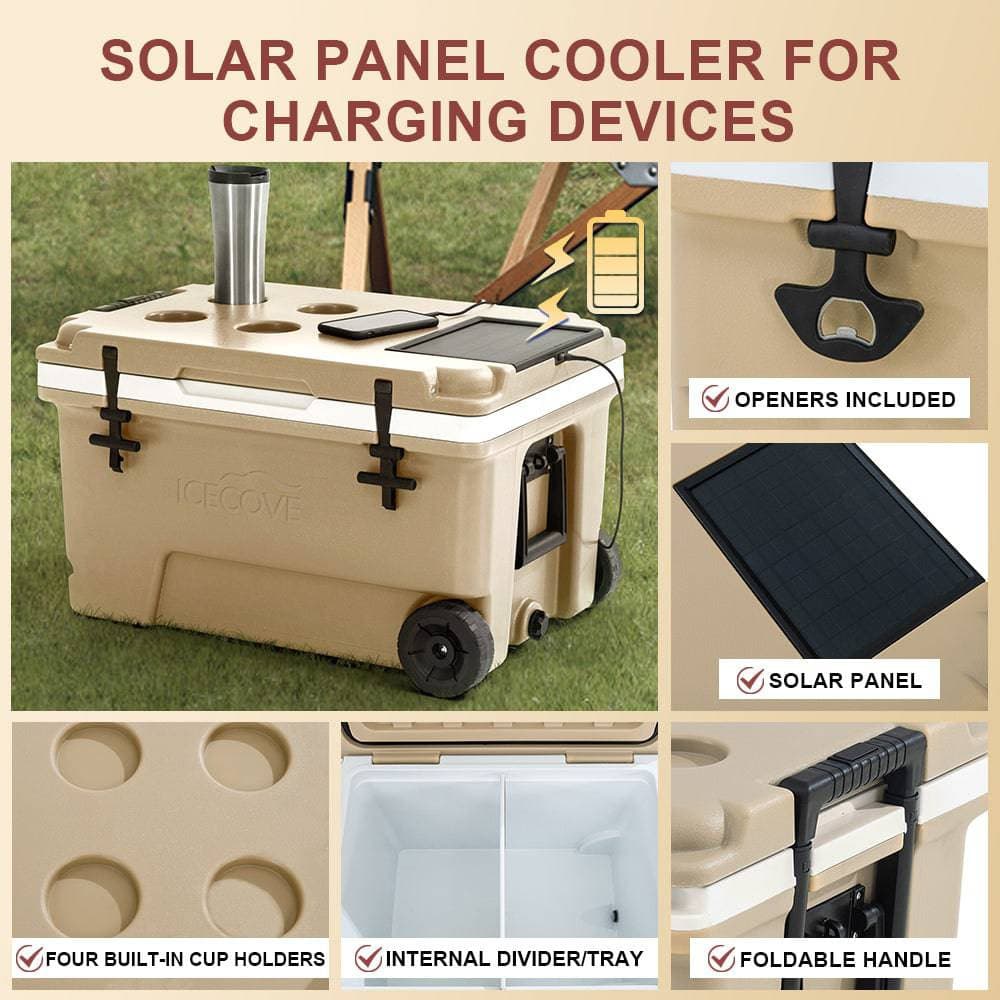SUNJOY 60-quart Insulated Beach Ice Chest Cooler with Solar Panel, Wheels, and Handles.