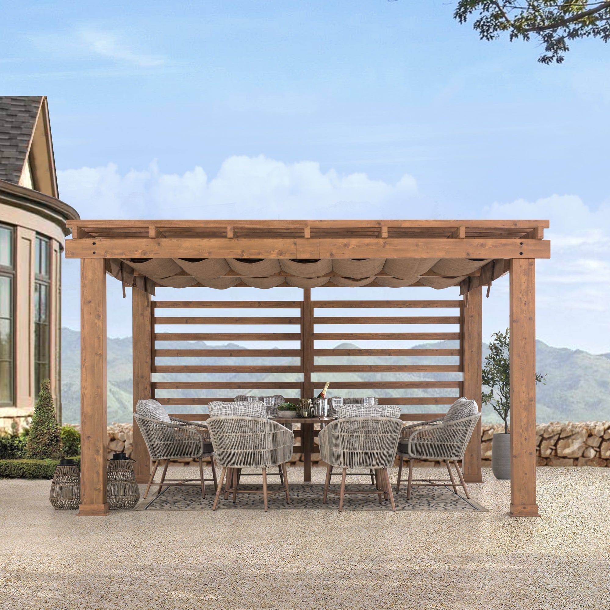 SummerCove 13x11 Steel Frame Pergola Kit with Tan Adjustable Sling Fabric Canopy.