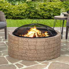Sunjoy 26 in. Outdoor Fire Pits Wood Burning Patio Fire Pit Stone Backyard Fire Pit with Spark Screen and Poker.