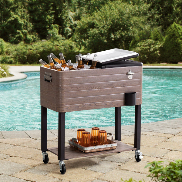 Sunjoy Insulated Beverage Cooler - 80 Quart Capacity - Steel Construction -  Brown Wood Grain Finish - Chalkboard Front - Locking Casters in the Beverage  Coolers department at