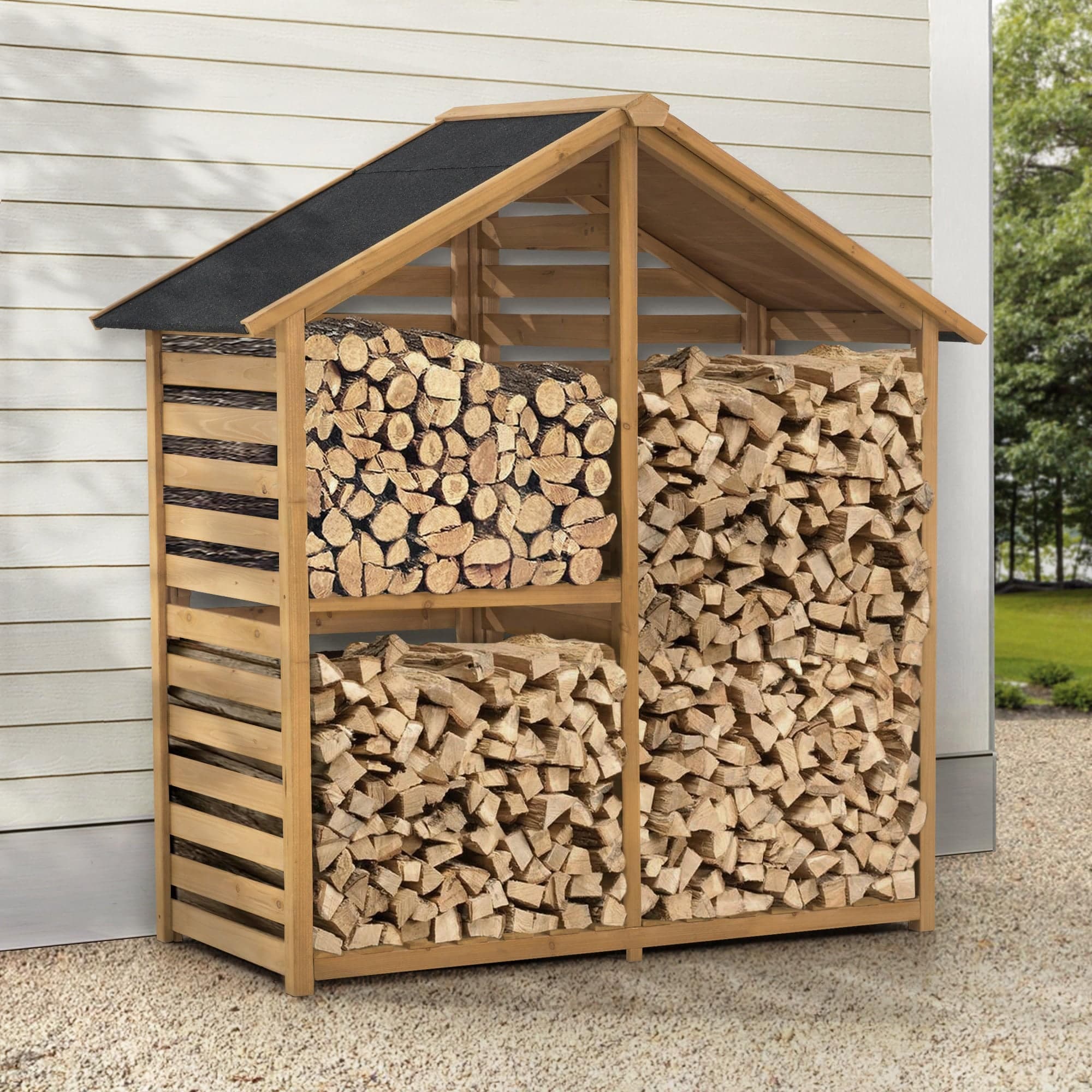 YardCove Highwood Outdoor Wooden Storage Shed, Firewood Storage Rack with Asphalt Roof and 2-Tier Shelves.