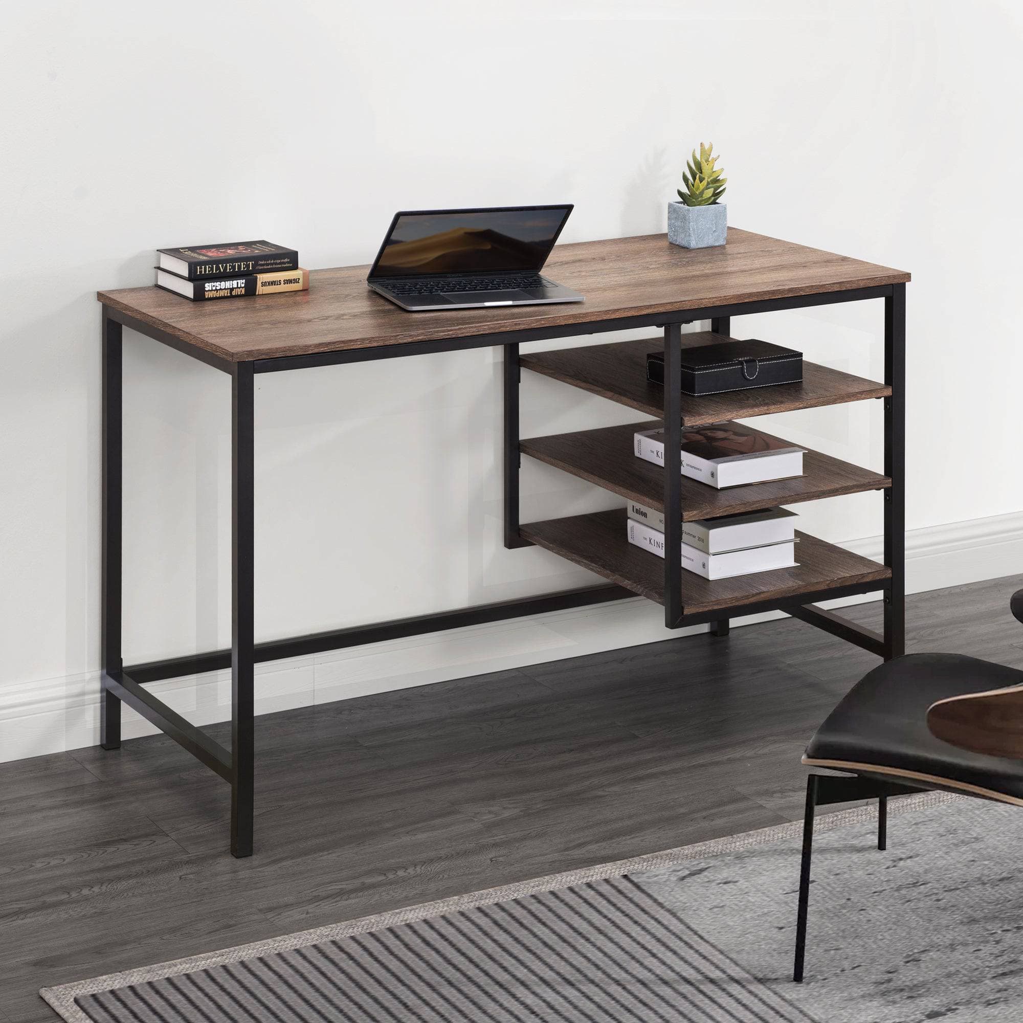 Studio Space 47" Industrial Design Home Office Computer Desk Work Station with Wood Table Top, Black Steel Frame and Shelves.