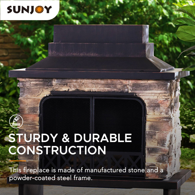Sunjoy Outdoor Stone Fireplace with Mesh Screen Doors, Fireplace Tools